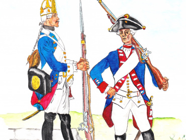 Fyzilír (tj. střelec) pruského fyzilírského pluku pluku „Münchov“ č. 36 (vlevo) a příslušník pruského mušketýrského pluku „Kleist“ č. 9, jež se účastnily obléhání Olomouce v roce 1758. Kresba Haralda Skaly.